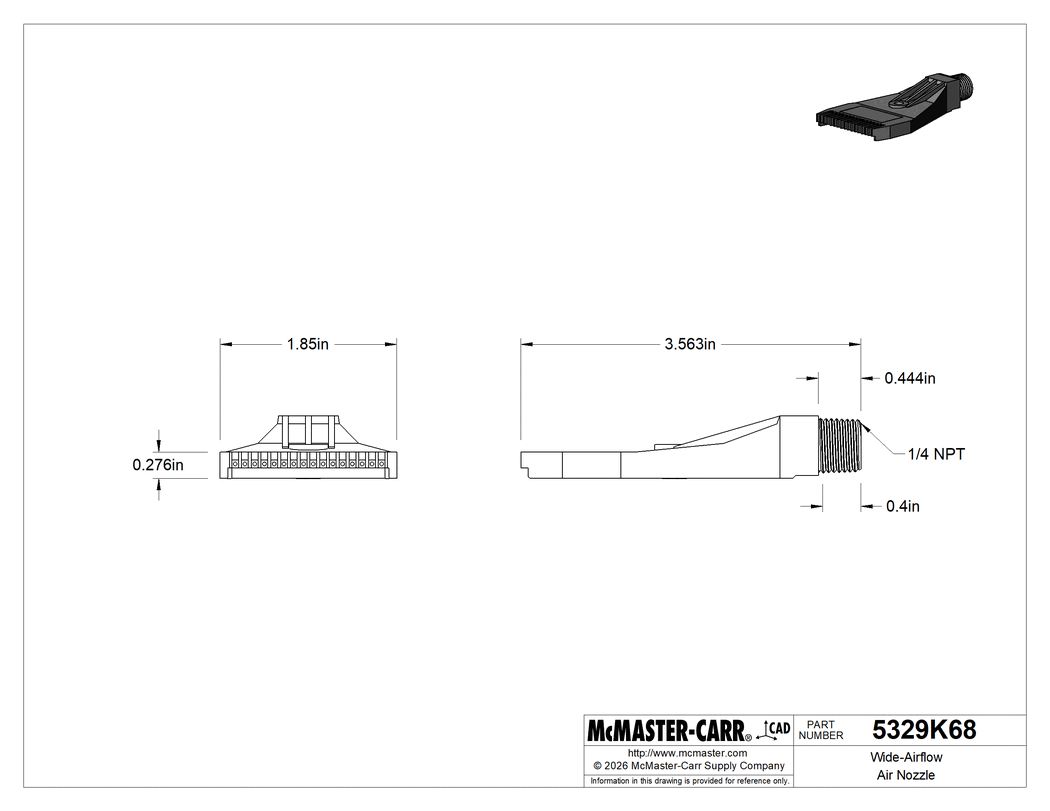 Technical Drawing of Wide-Airflow Air Nozzle, 316 Stainless Steel, 1/4 NPT Male.